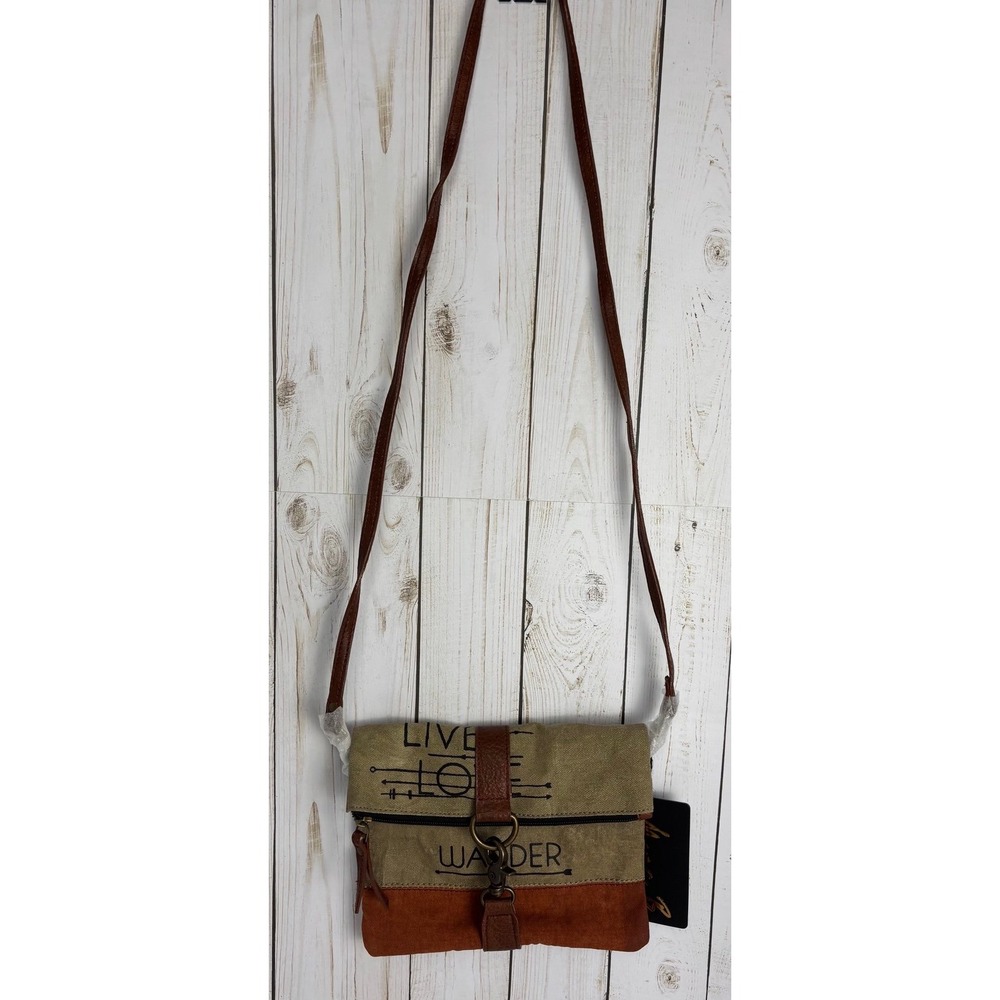 Mona B Live Love Wander Army Green Brown Canvas Crossbody Purse Bag Buckle Strap